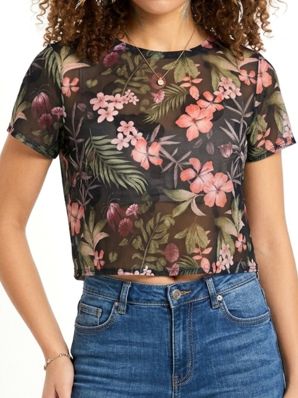 Floral Sheer Short Sleeve Top Blouse Jacquard Spring Layering Mesh Boho Romantic